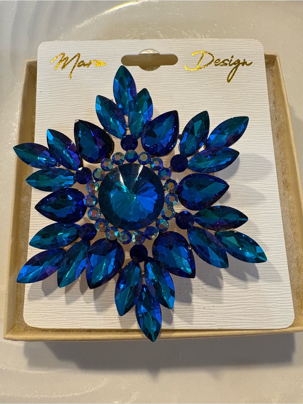 Blue Crystal Starburst Brooch -New Gift Boxed